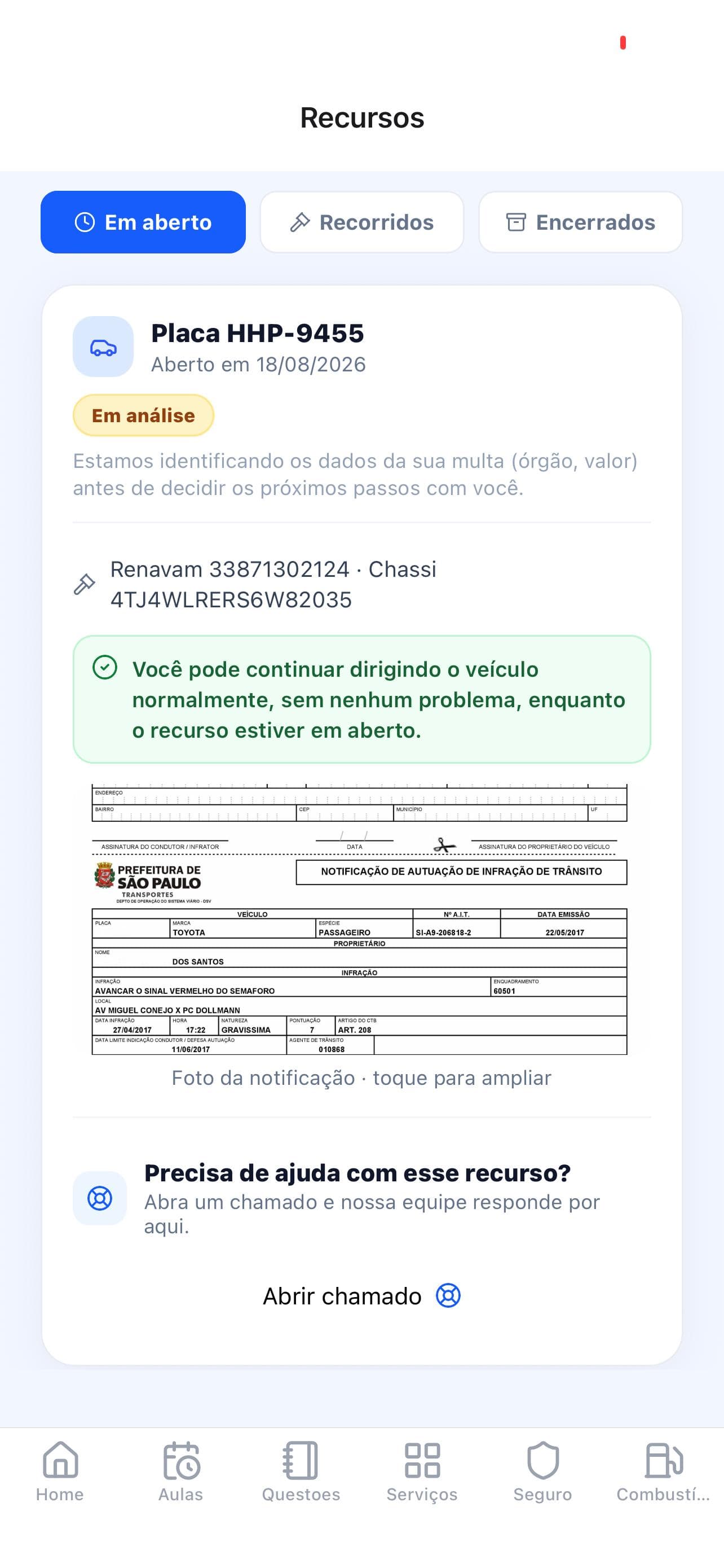 Tela de Recursos de Multa do app iTrevo